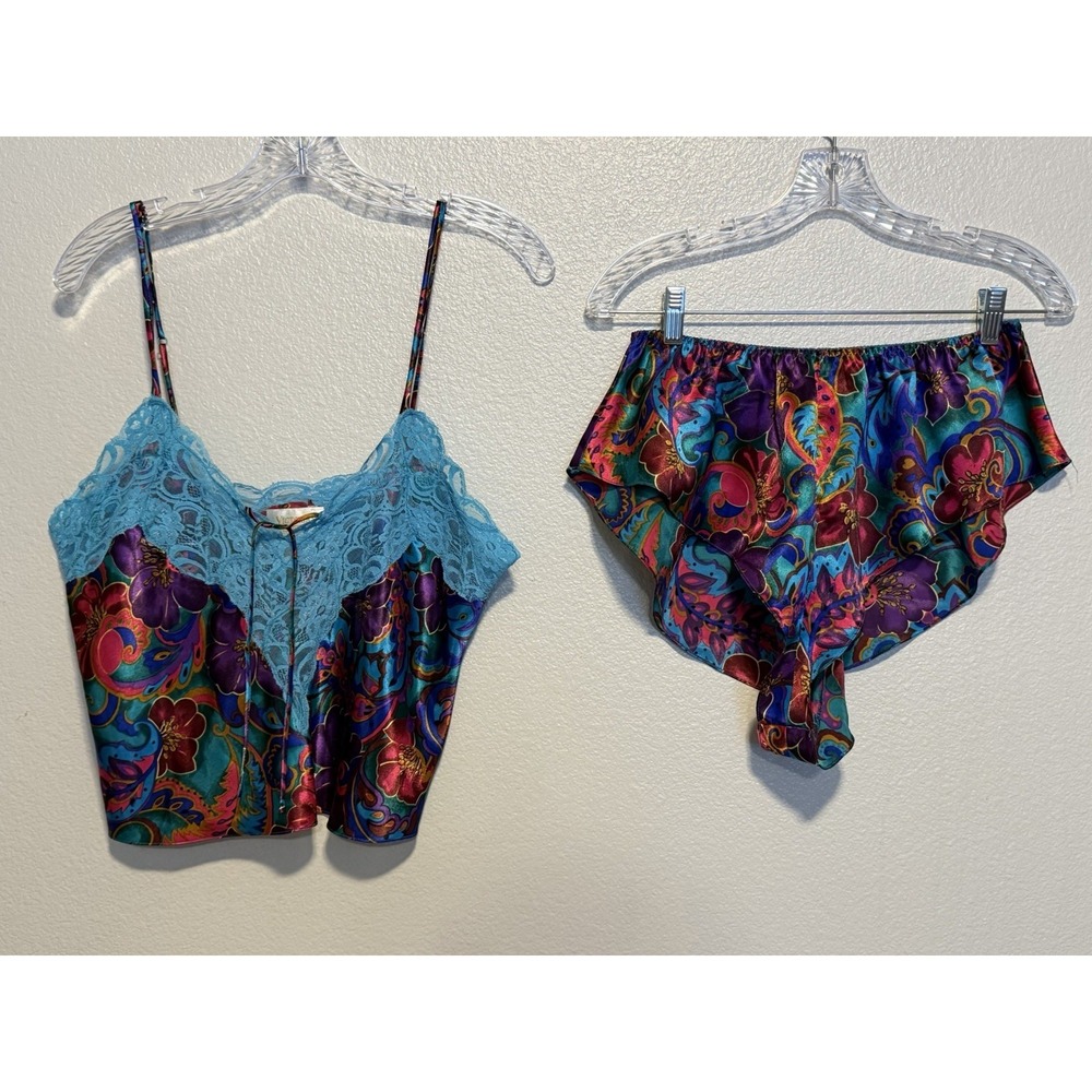 Vintage Victorias Secret Satin Gold Label Cami Top Shorts Pajama Set Floral M